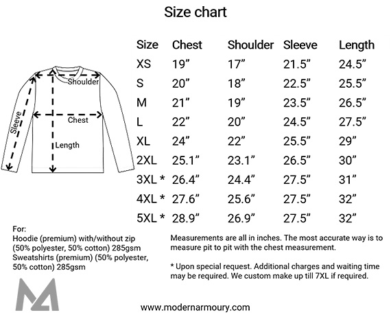 Premium Hoodie and Sweatshirt Size Chart